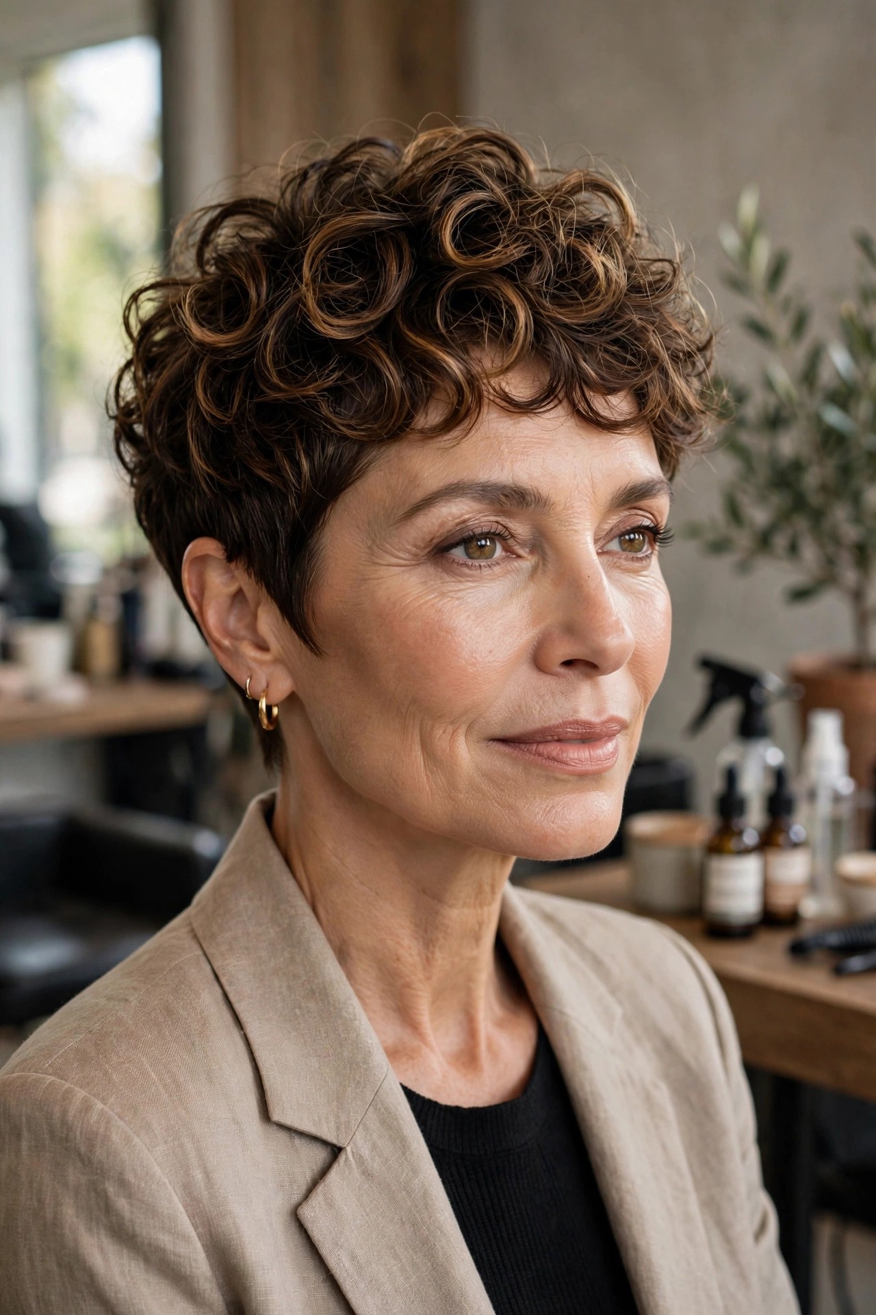 Woman in her 50s with a highlighted curly pixie