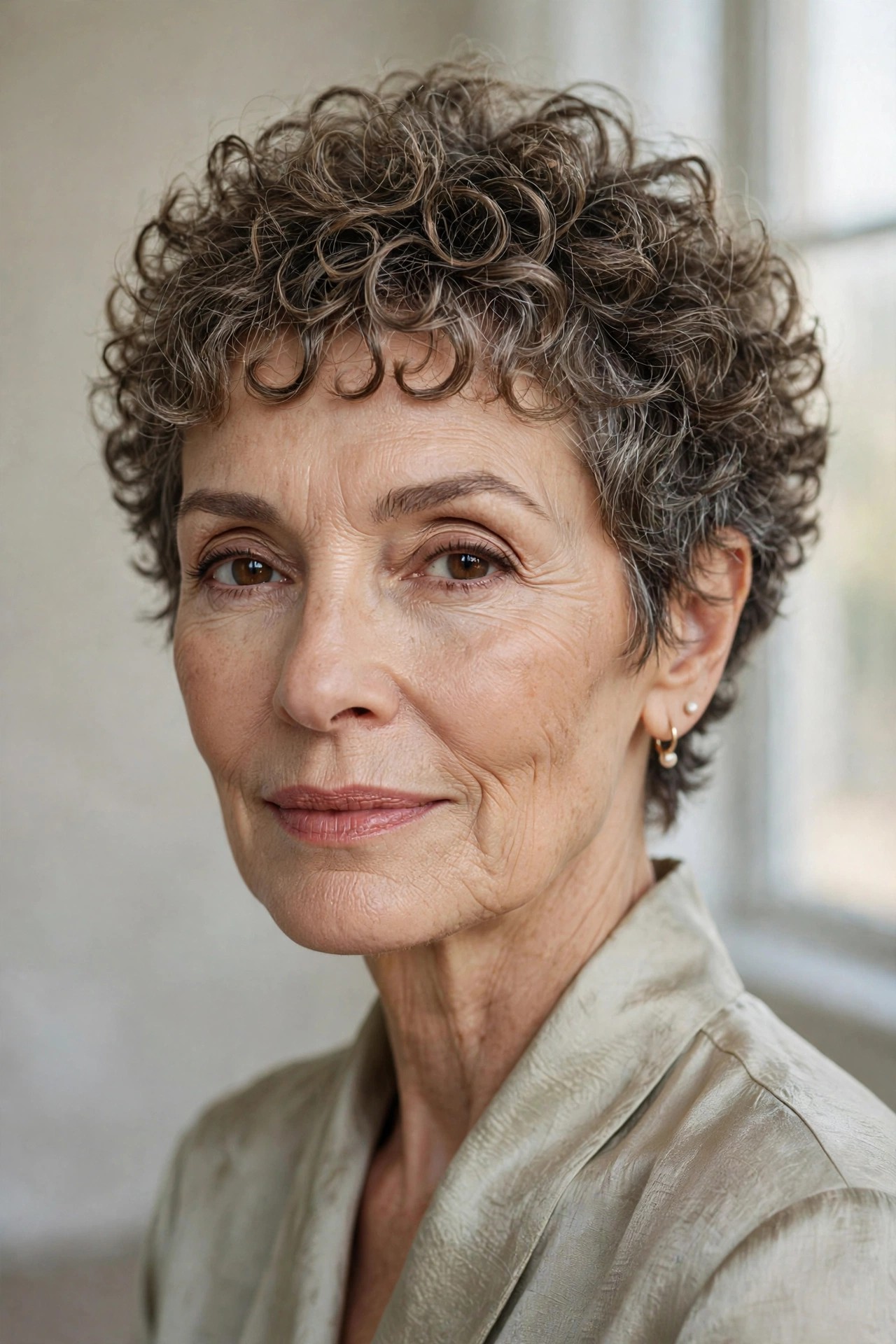 Woman in her 60s with a curly pixie and micro bangs