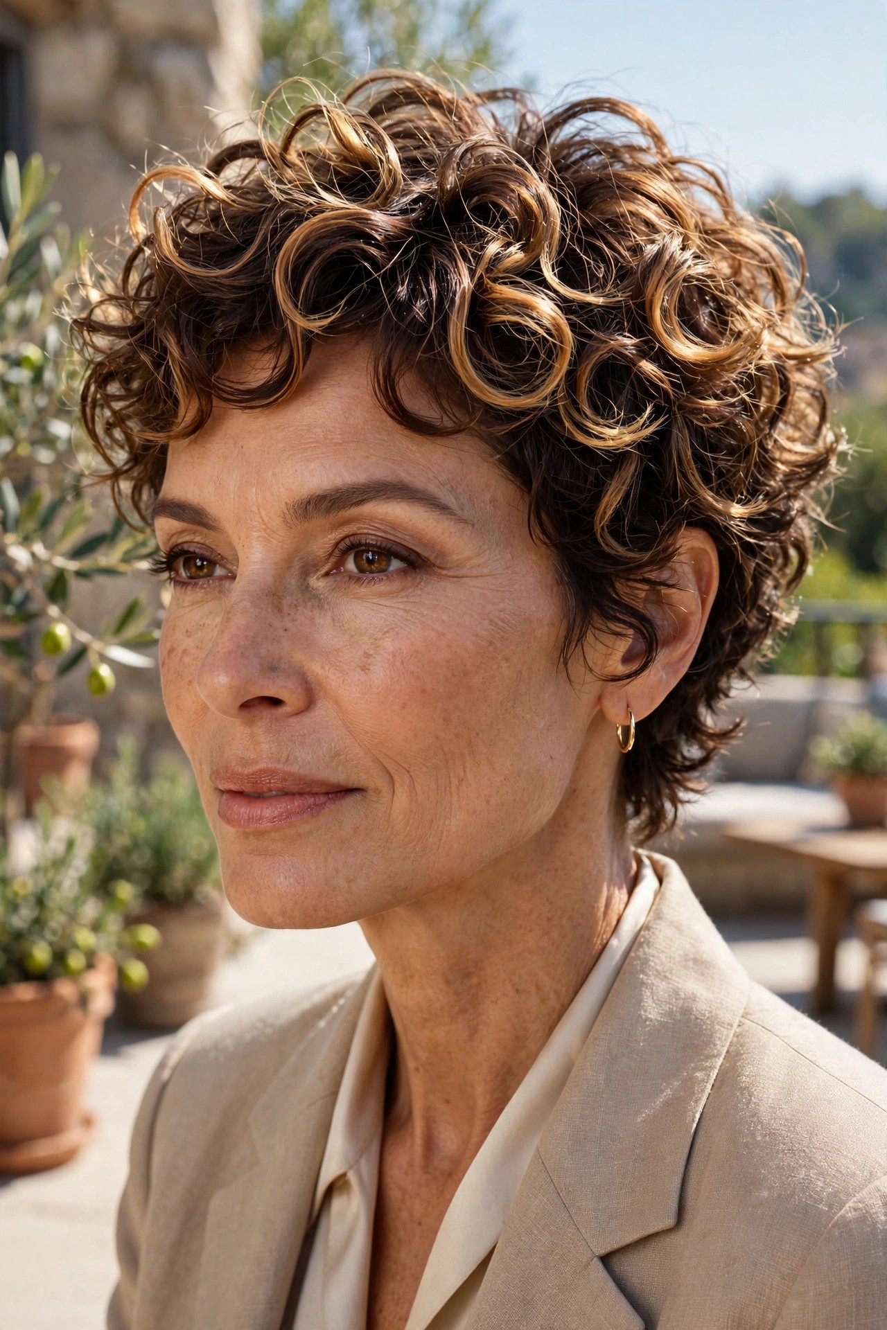 Woman in her 50s with a sun-kissed curly pixie