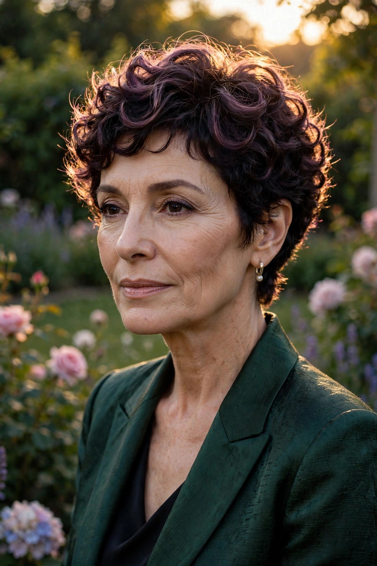 Woman in her 50s with a plum-tinted curly pixie