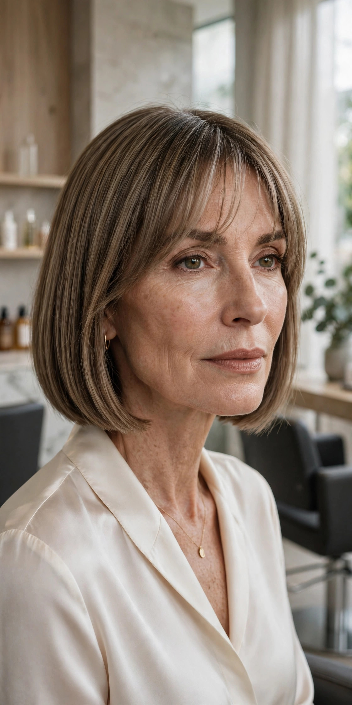 Elegant woman in her 50s with blunt midi bob and barely-there curtain bangs
