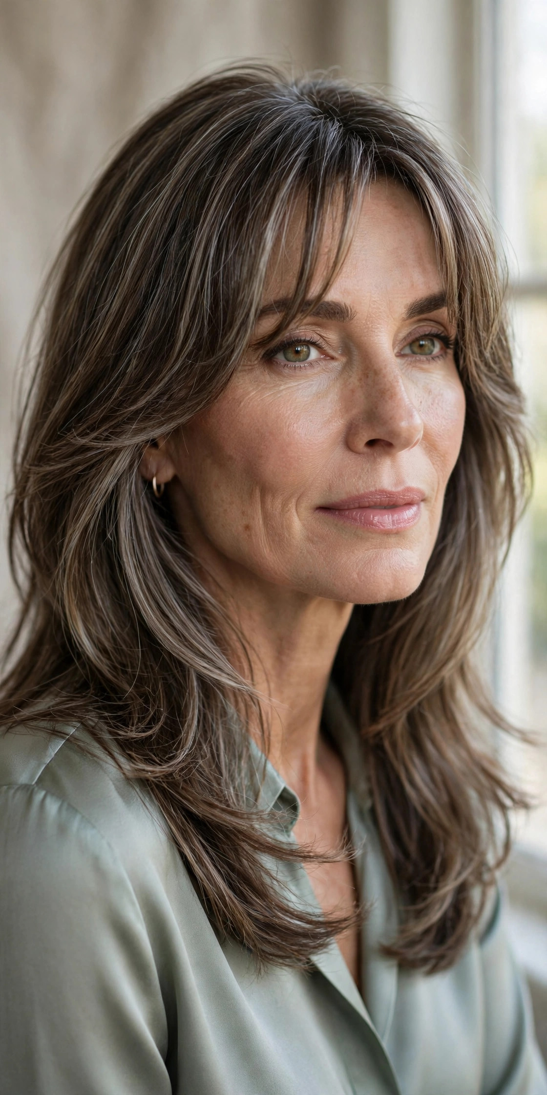 Elegant woman in her 50s with long layers and cheekbone curtain bangs