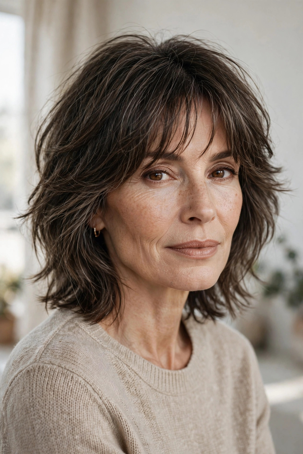 Elegant woman in her 50s with soft shag lob and wispy curtain bangs