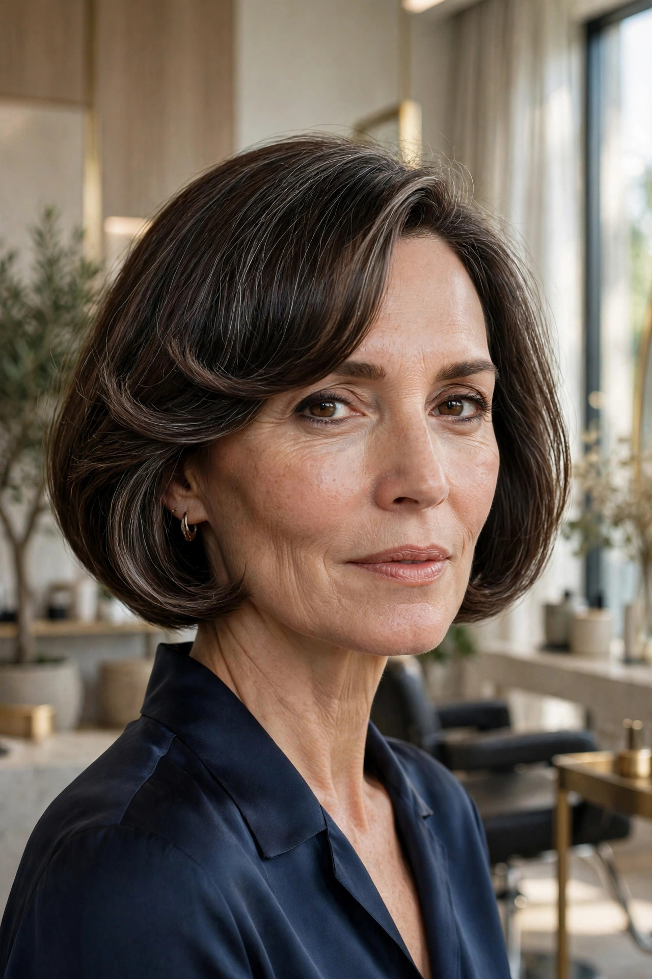 Elegant woman in her 50s with rounded bob and swoopy curtain bangs