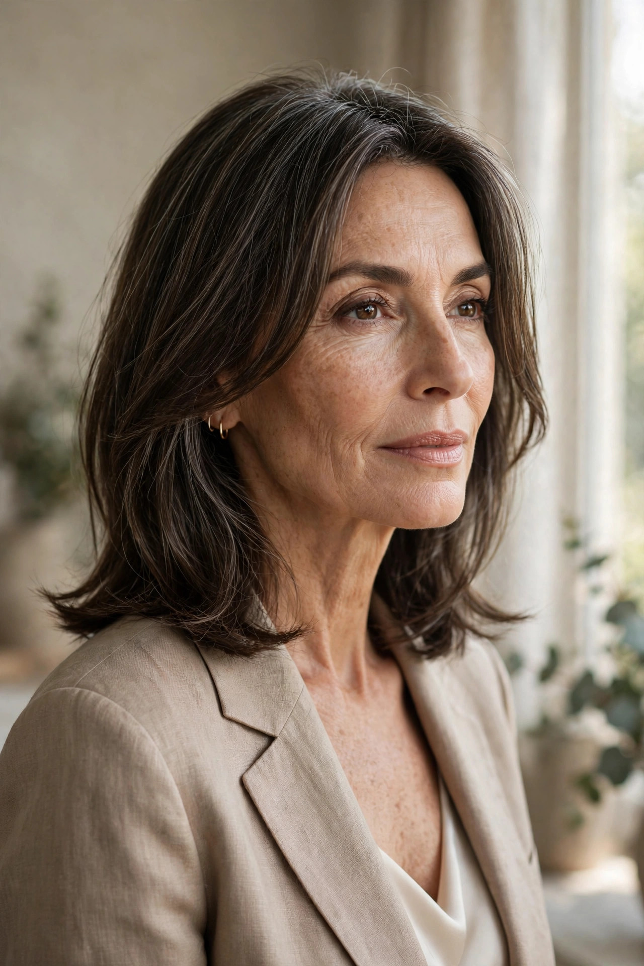 Elegant woman in her 50s with long grown-out curtain bangs