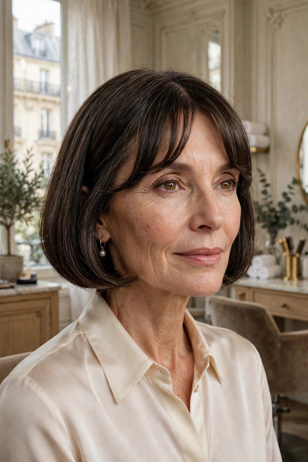 Elegant woman in her 50s with French bob and mini curtain fringe