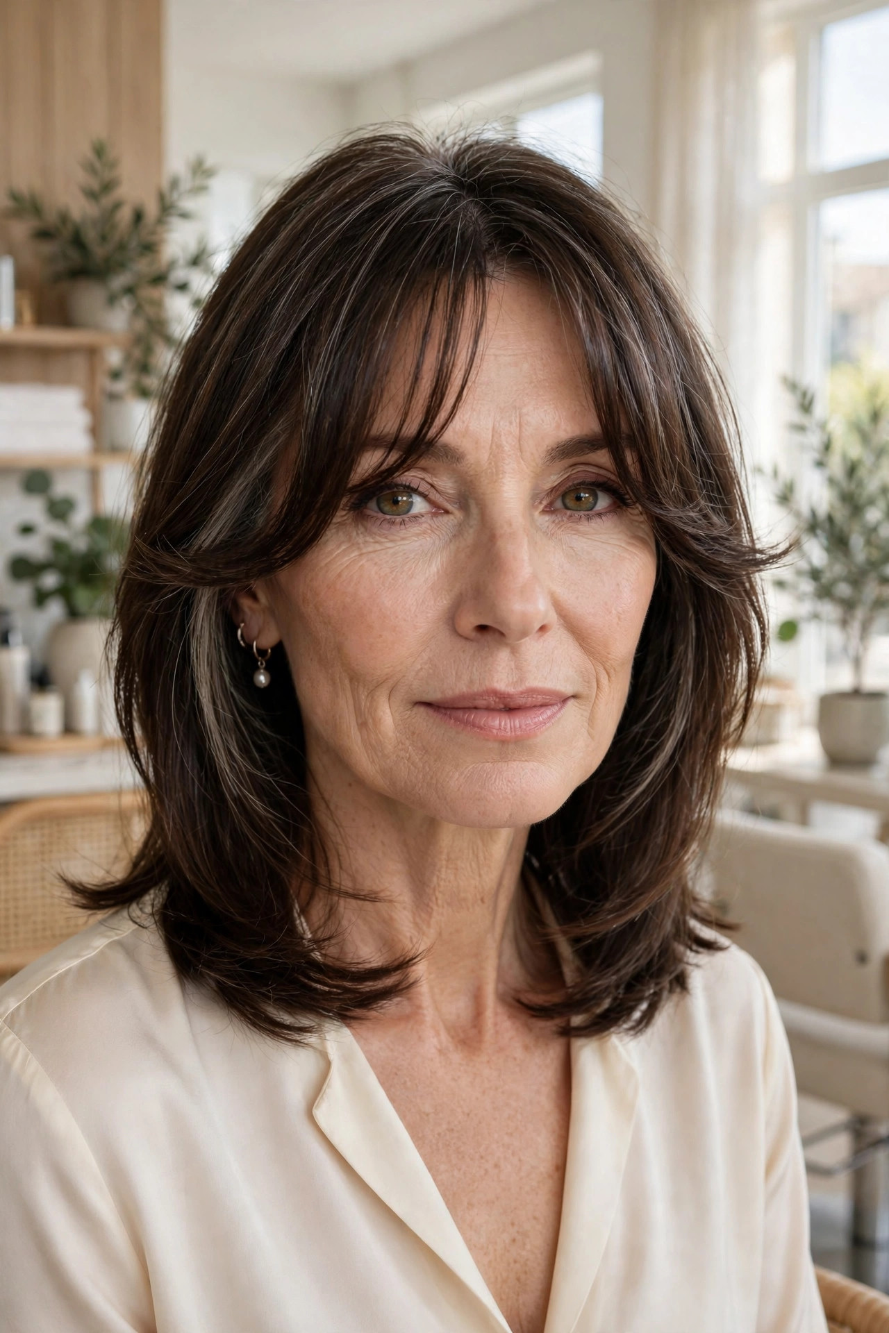 Elegant woman in her 50s with collarbone lob and feathered curtain bangs