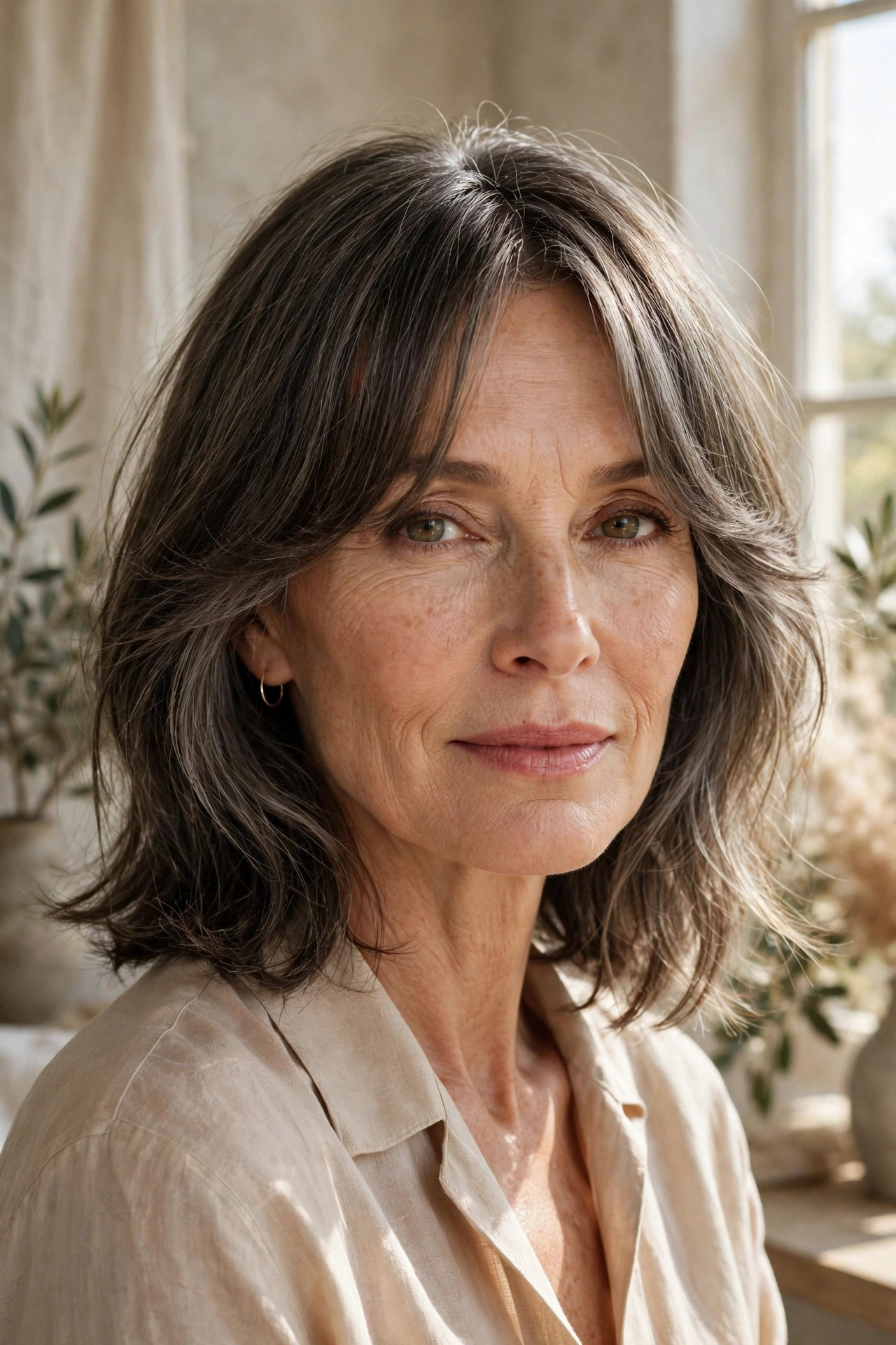 Elegant woman in her 50s with piecey shoulder cut and split curtain bangs