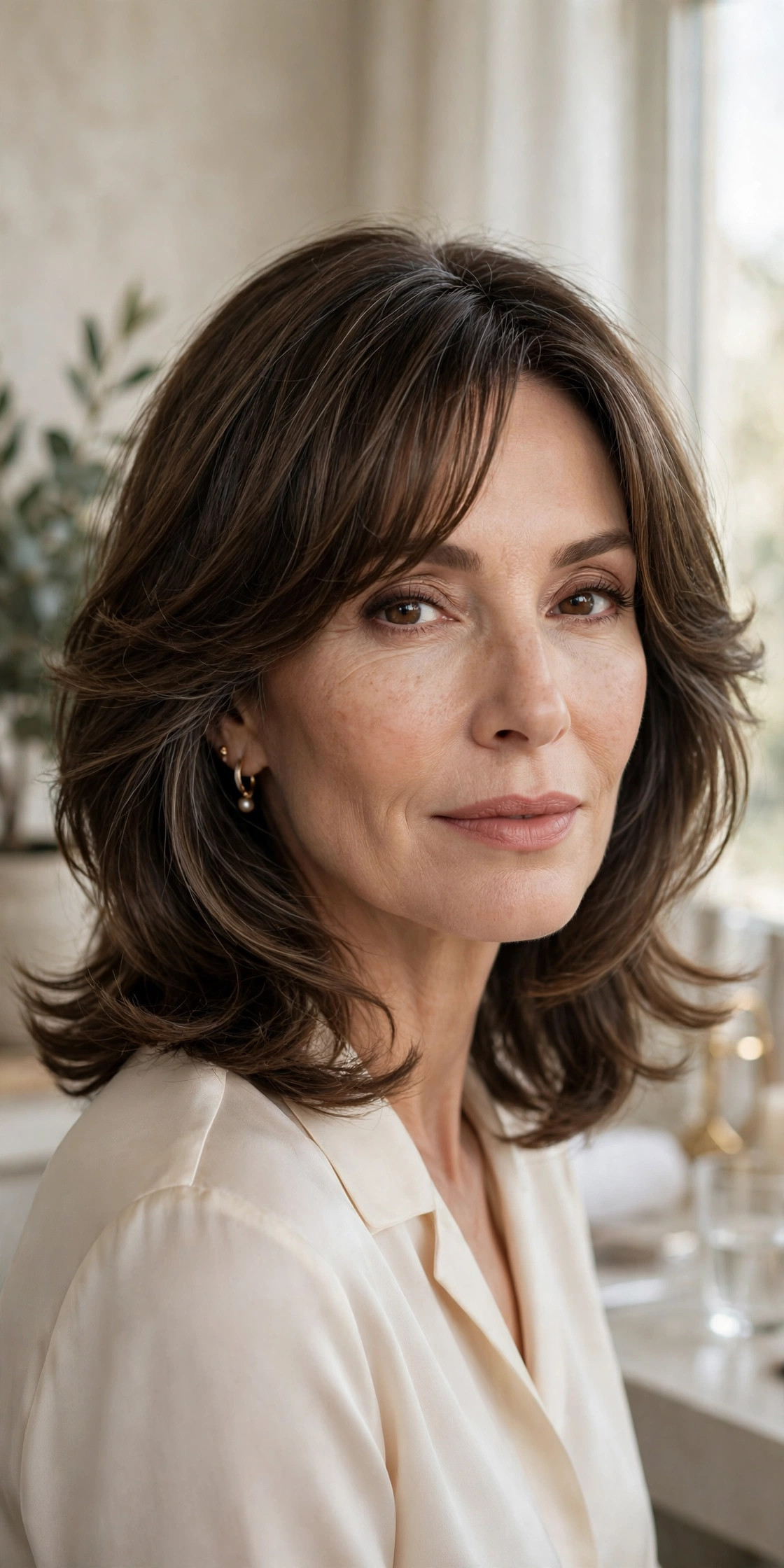 Elegant woman in her 50s with butterfly layers and curtain bangs