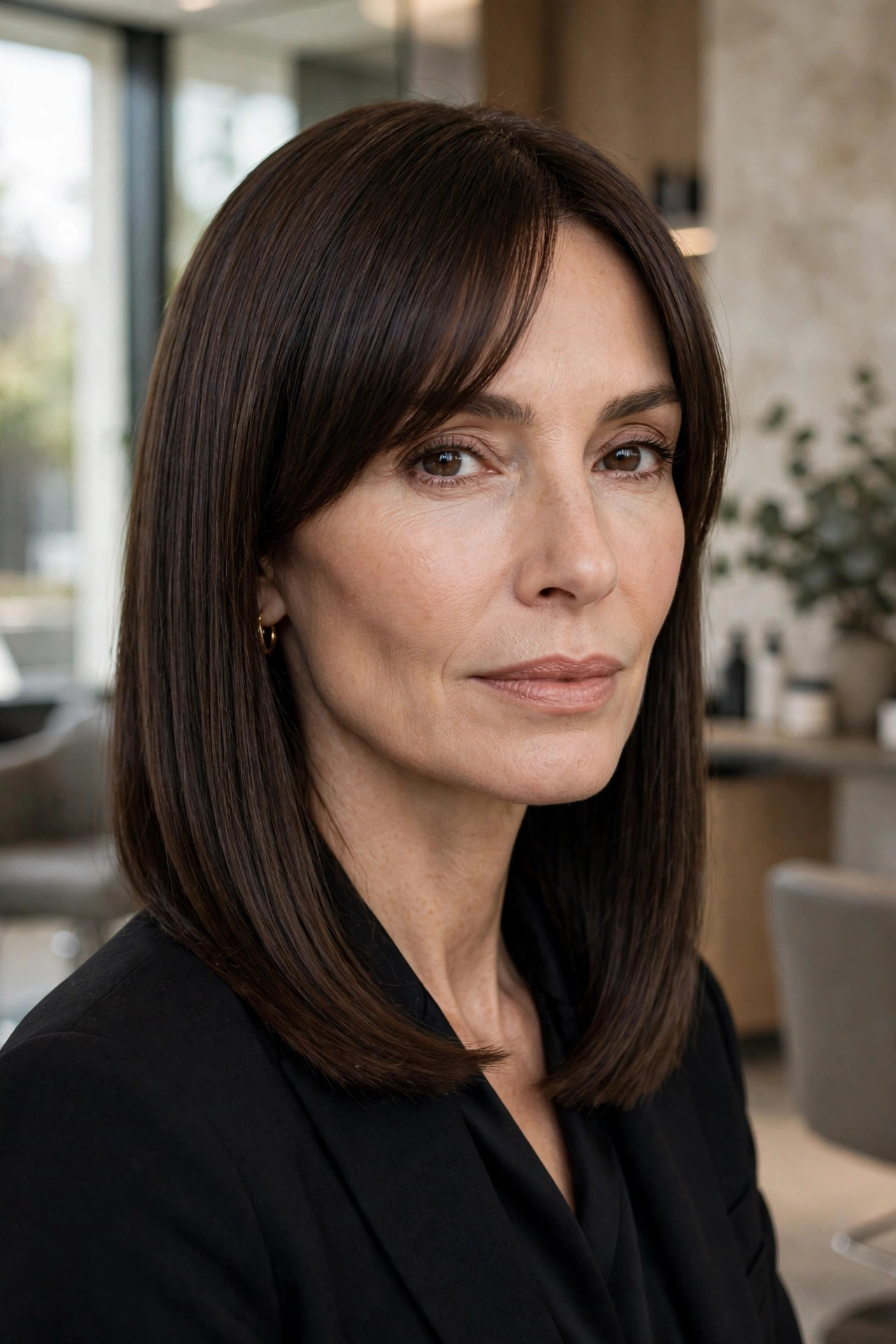 Elegant woman in her 50s with sleek lob and polished curtain bangs