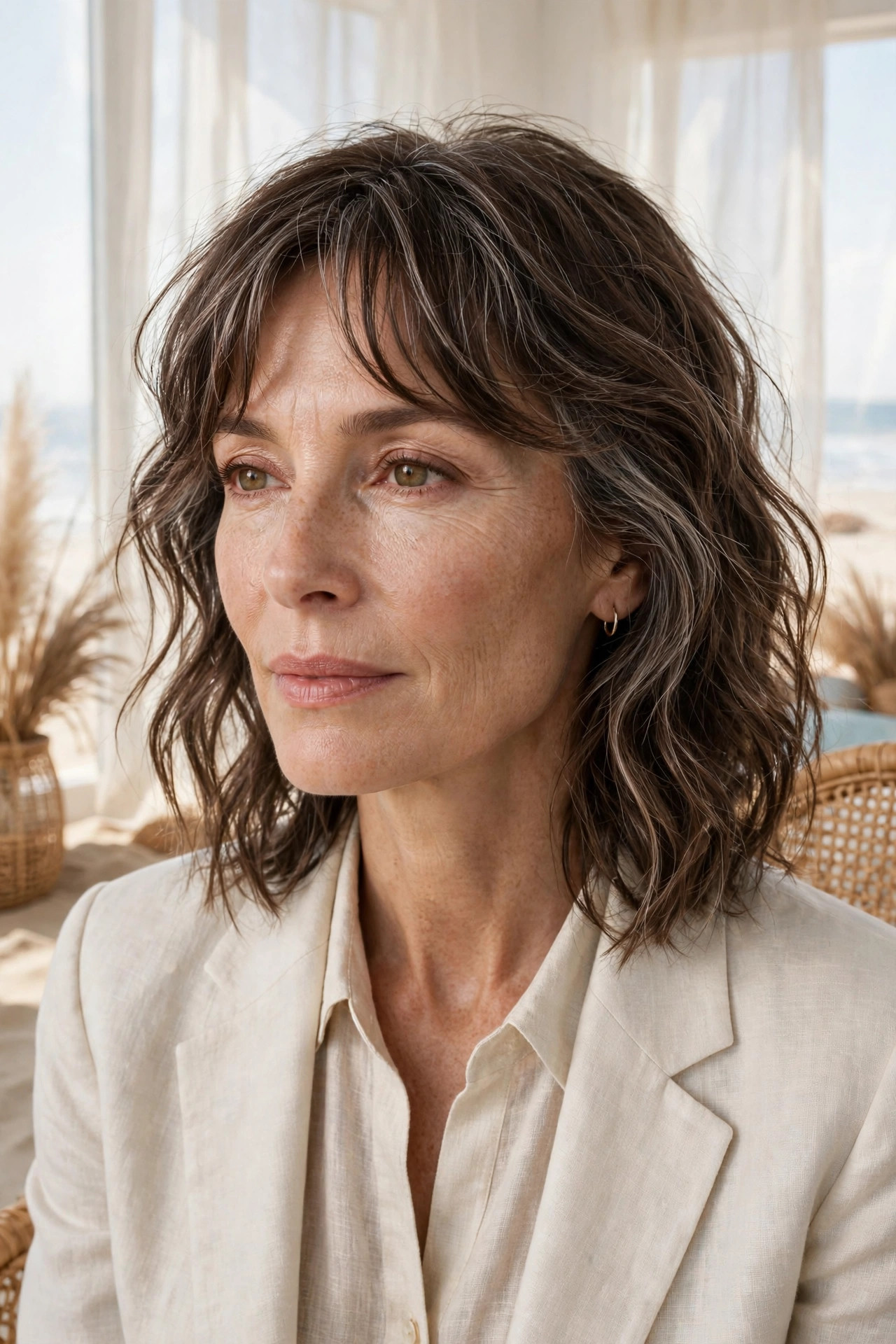 Elegant woman in her 50s with wavy lob and air-dried curtain bangs