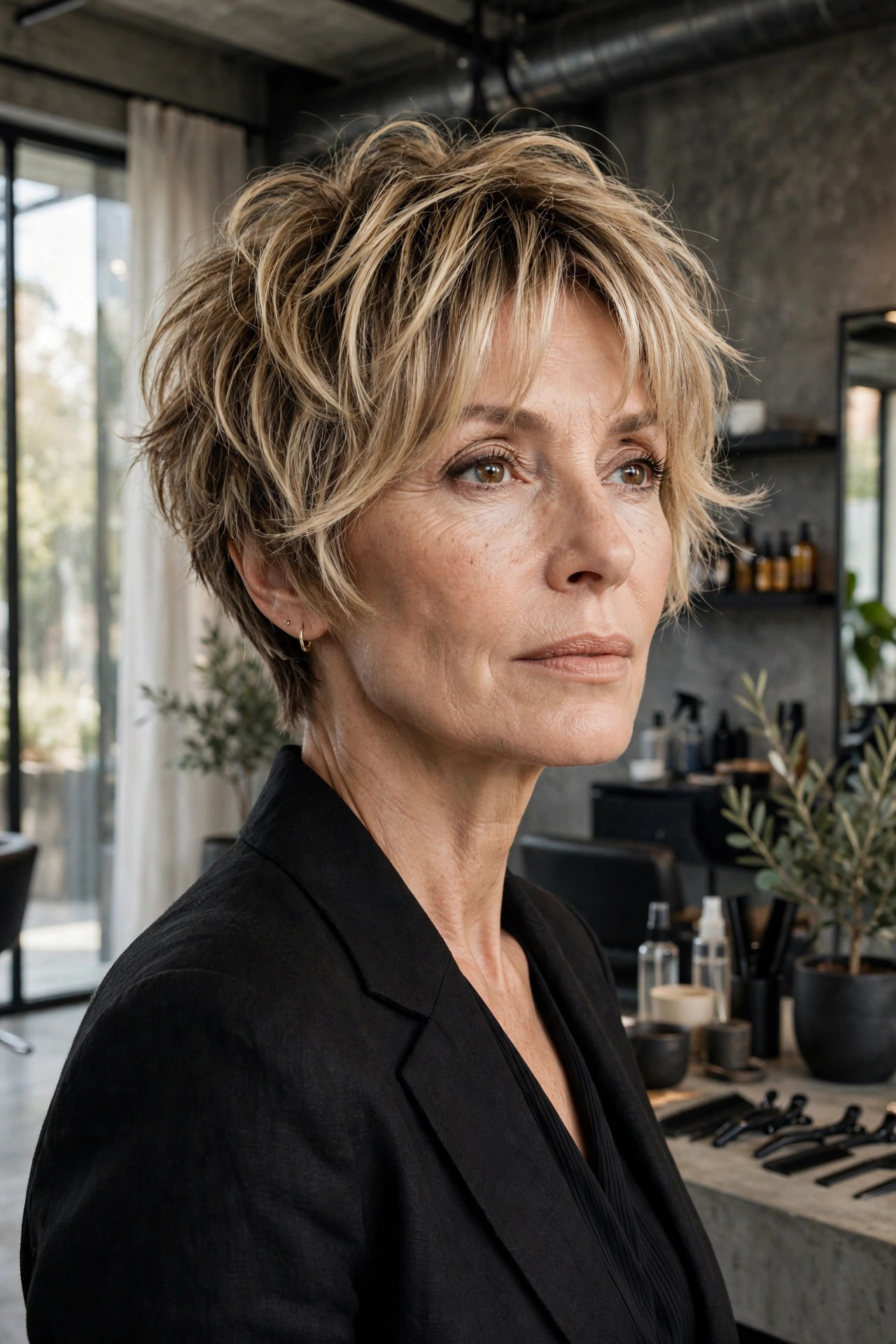 Elegant woman in her 50s with textured bixie and curtain fringe