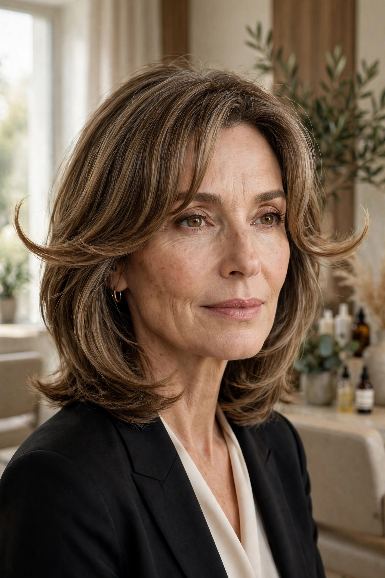 Elegant woman in her 50s with midi layers and C-shaped curtain bangs