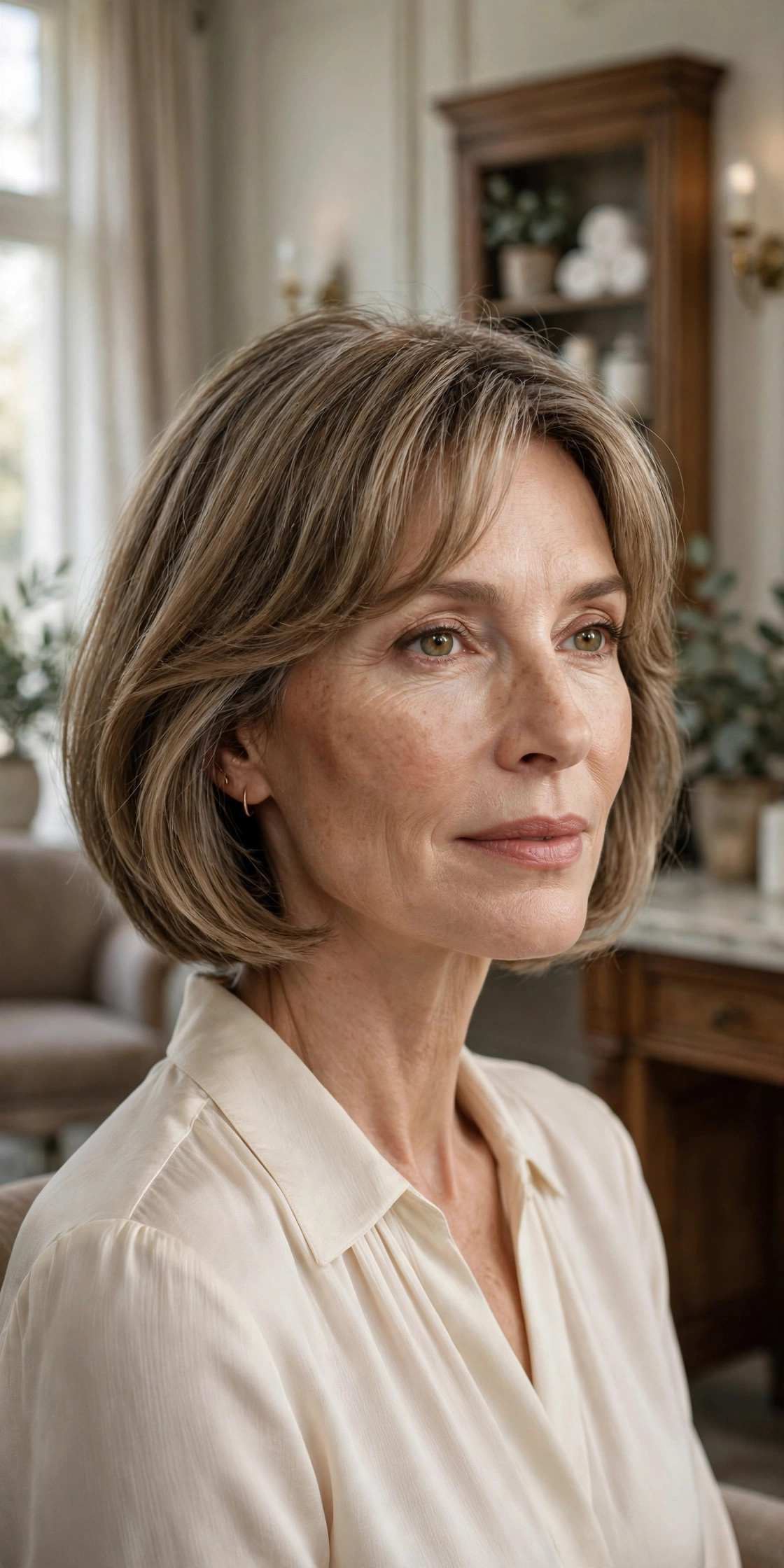 Elegant woman in her 50s with chin bob and tuckable curtain bangs