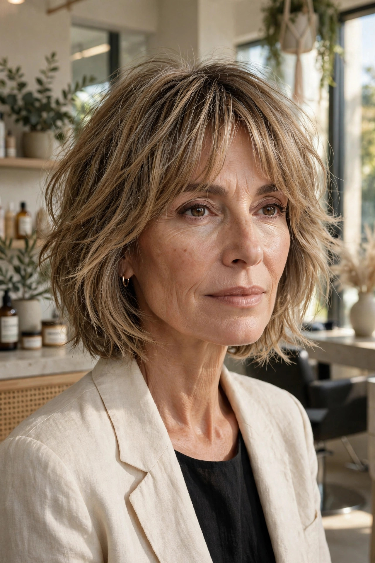Elegant woman in her 50s with shaggy bob and bottleneck curtain bangs