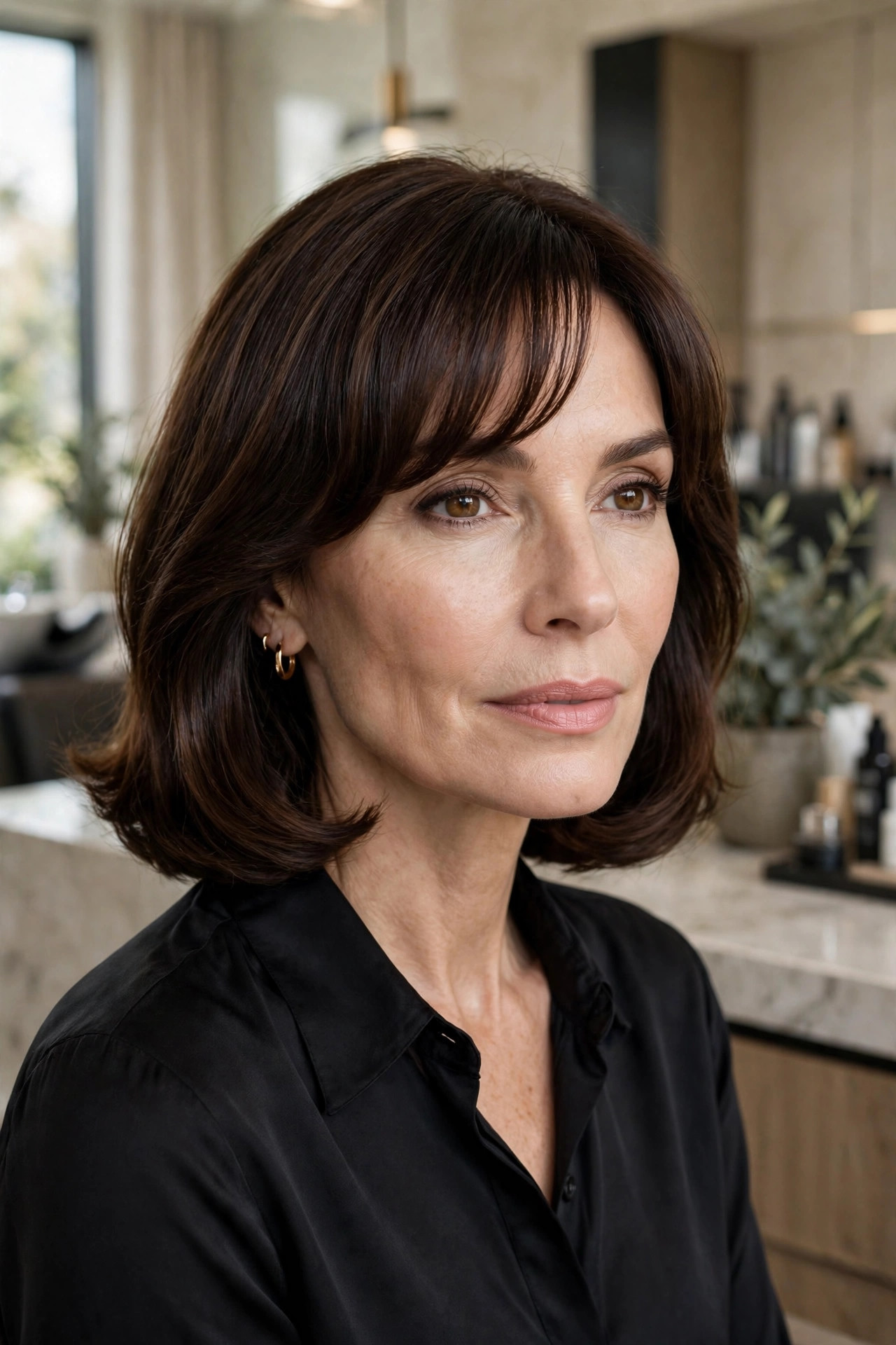 Elegant woman in her 50s with glossy lob and curtain bangs