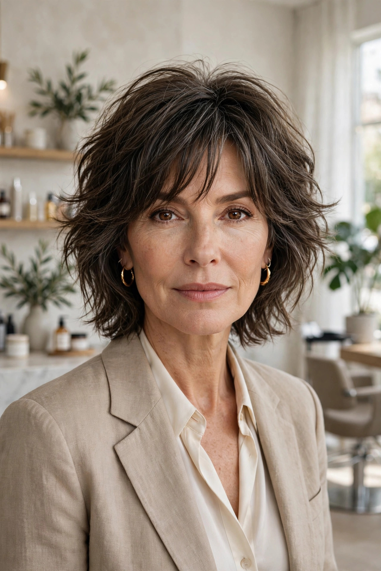 Elegant woman in her 50s with soft wolfy lob and long curtain bangs