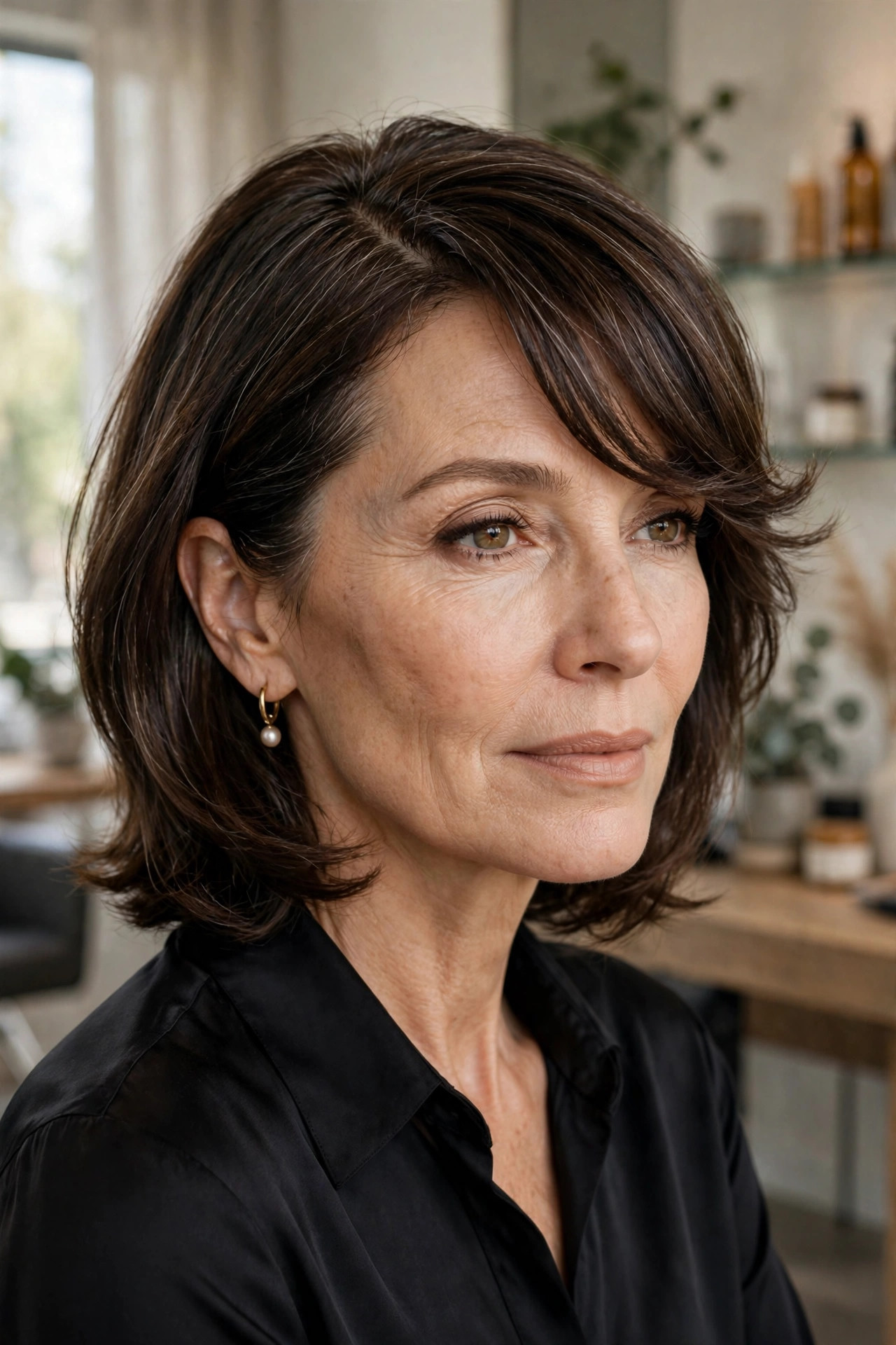 Elegant woman in her 50s with side-swept lob and deep-side curtain bangs