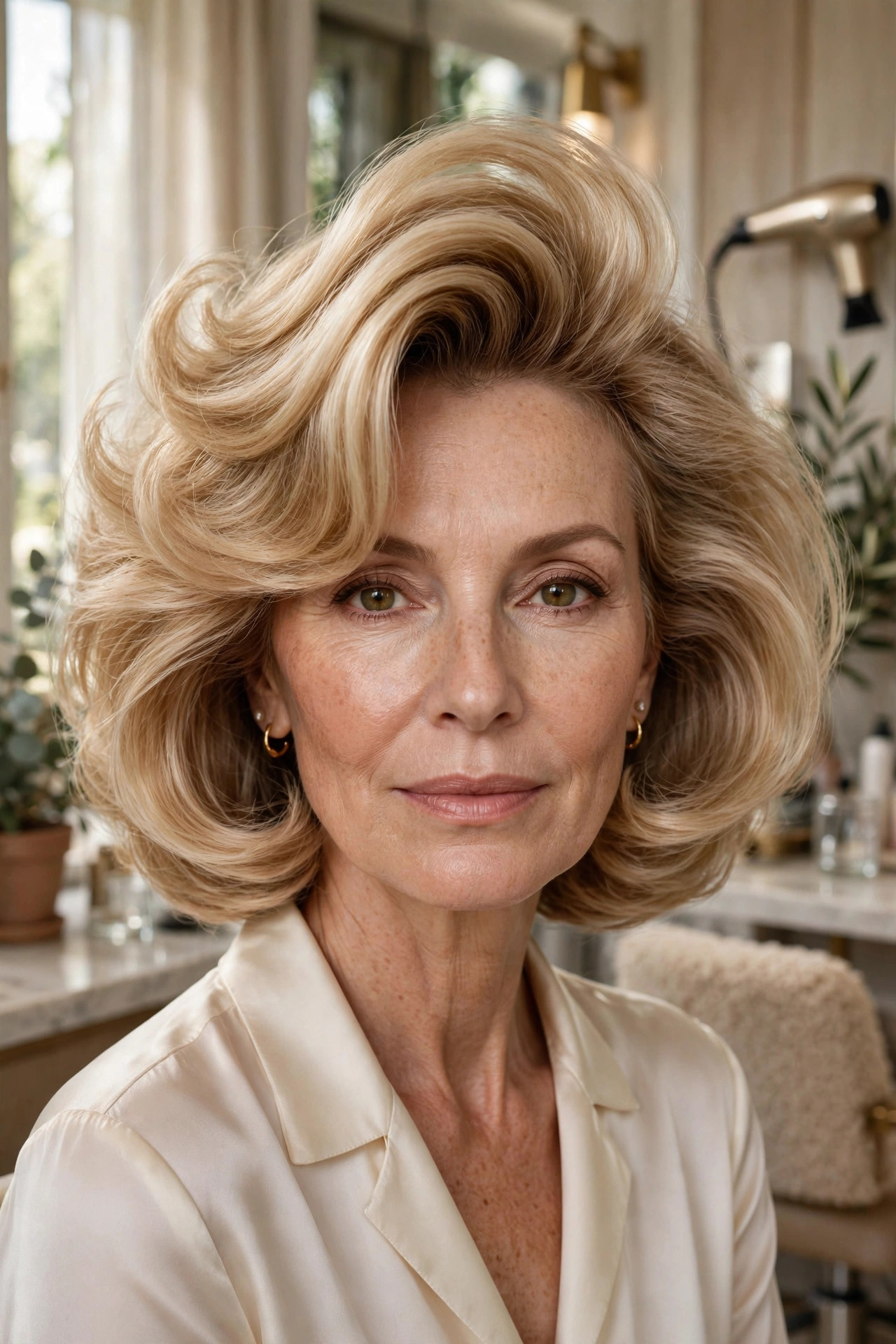 Elegant woman in her 50s with blowout bob and voluminous curtain bangs