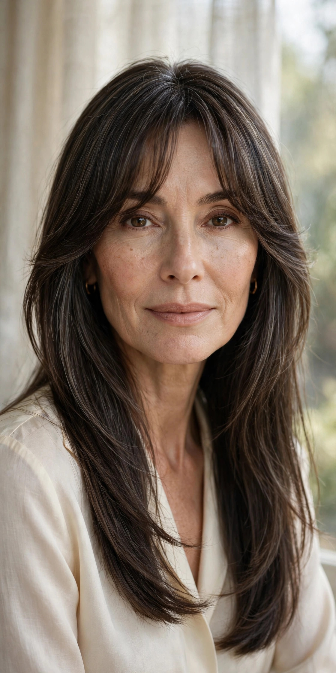 Elegant woman in her 50s with long straight hair and draping curtain bangs
