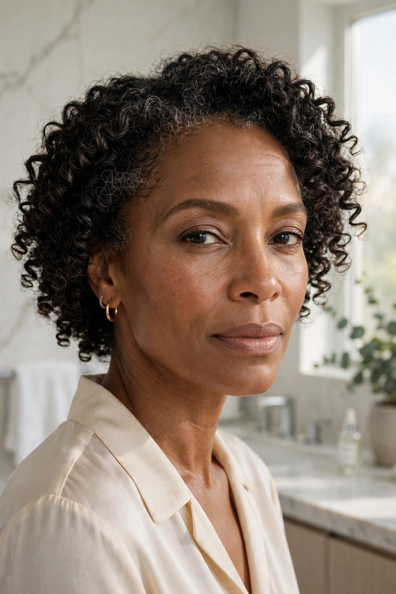 Woman in her 50s with a defined coil wash-and-go