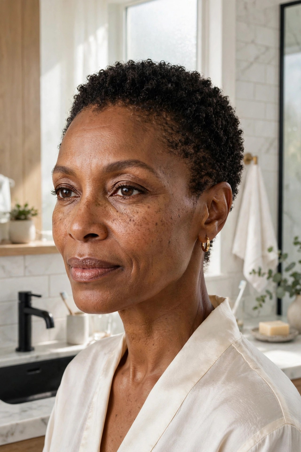 Woman in her 50s with a wash-and-go TWA