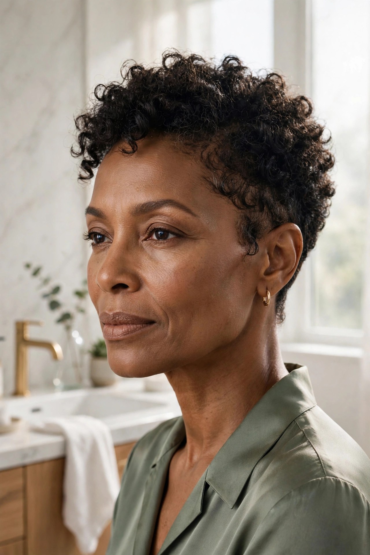 Woman in her 50s with a wash-and-go tapered cut