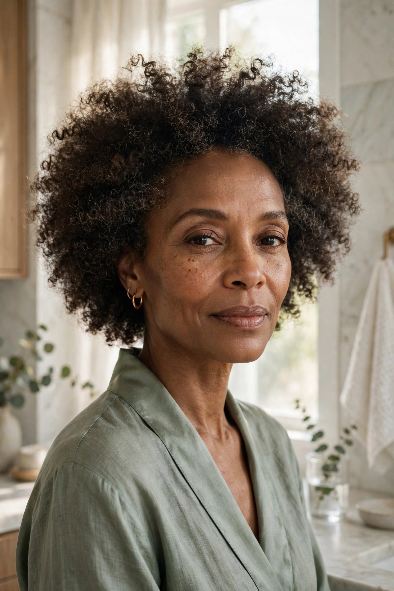 Woman in her 50s with a wash-and-go halo