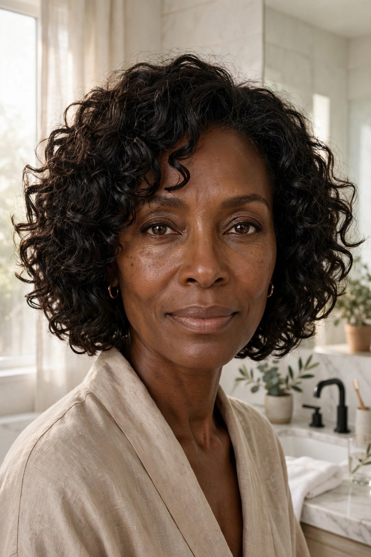 Woman in her 50s with a layered wash-and-go bob