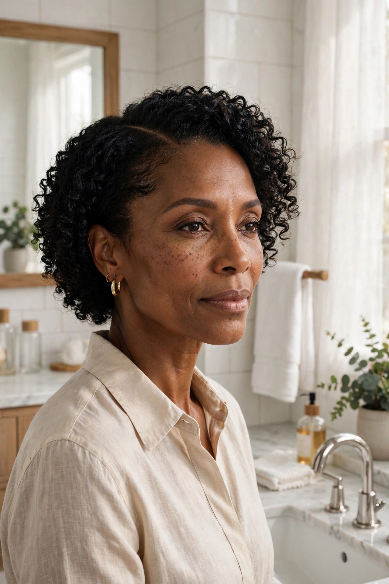 Woman in her 50s with a side-part wash-and-go