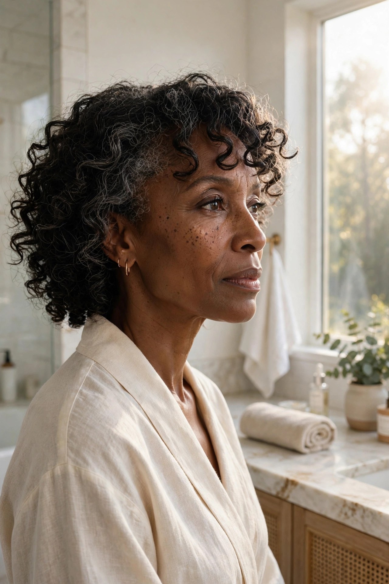 Woman in her 50s with wash-and-go and soft bangs