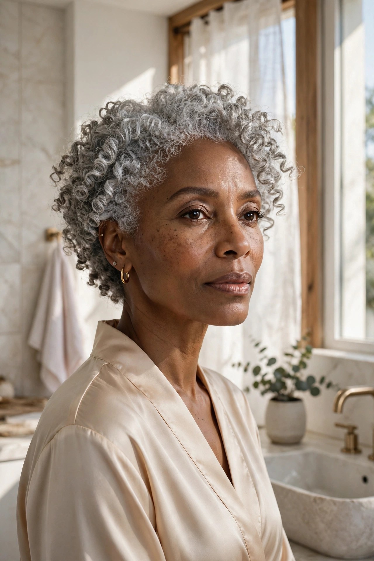 Woman in her 50s with a silver wash-and-go
