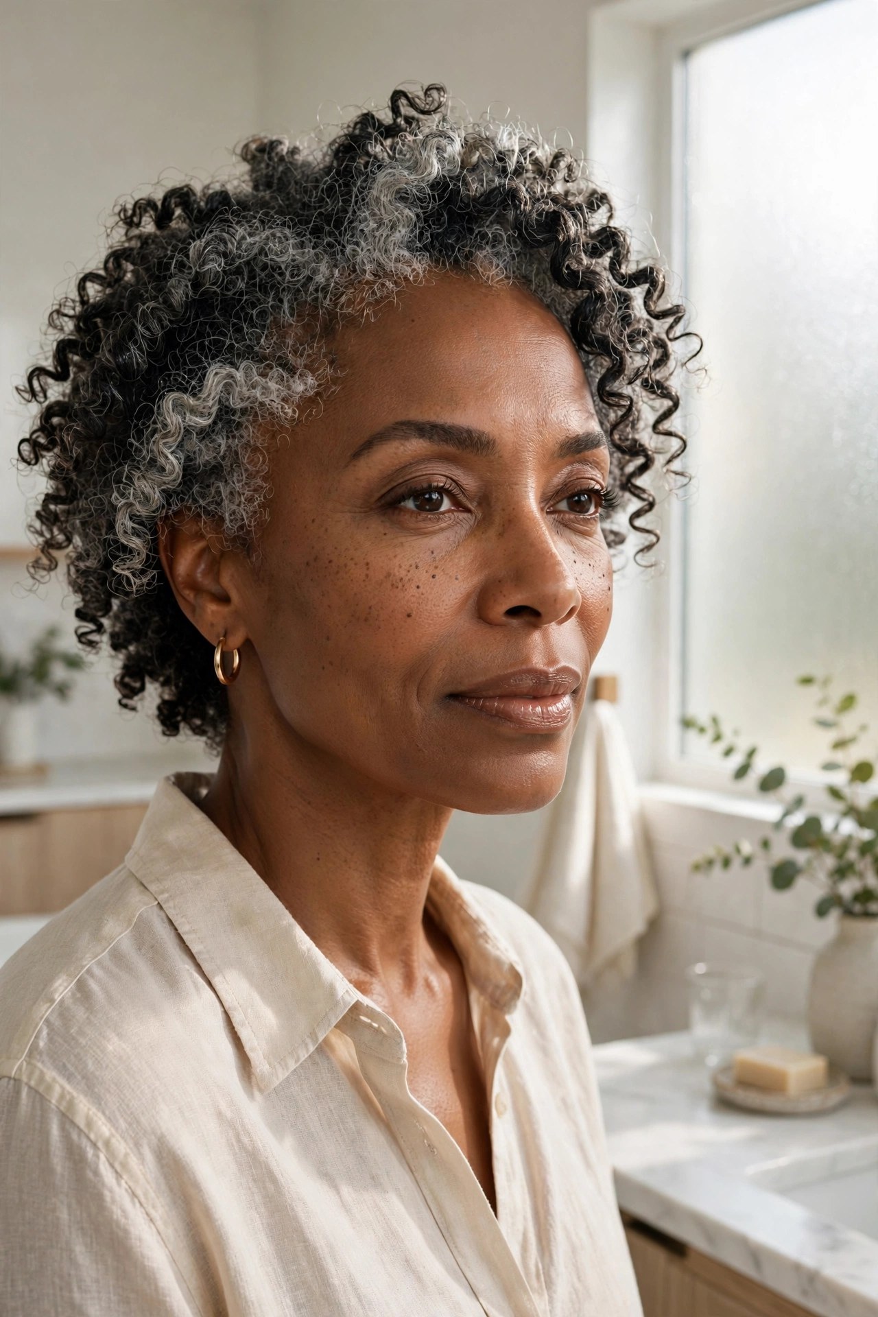 Woman in her 50s with a salt-and-pepper wash-and-go