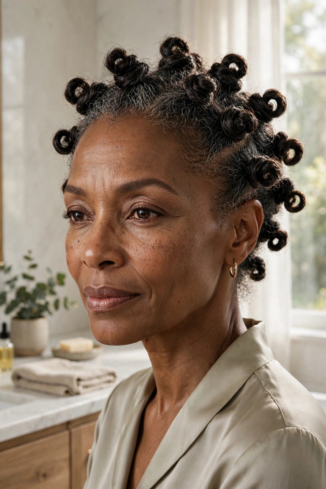 Woman in her 50s with finger coils on top