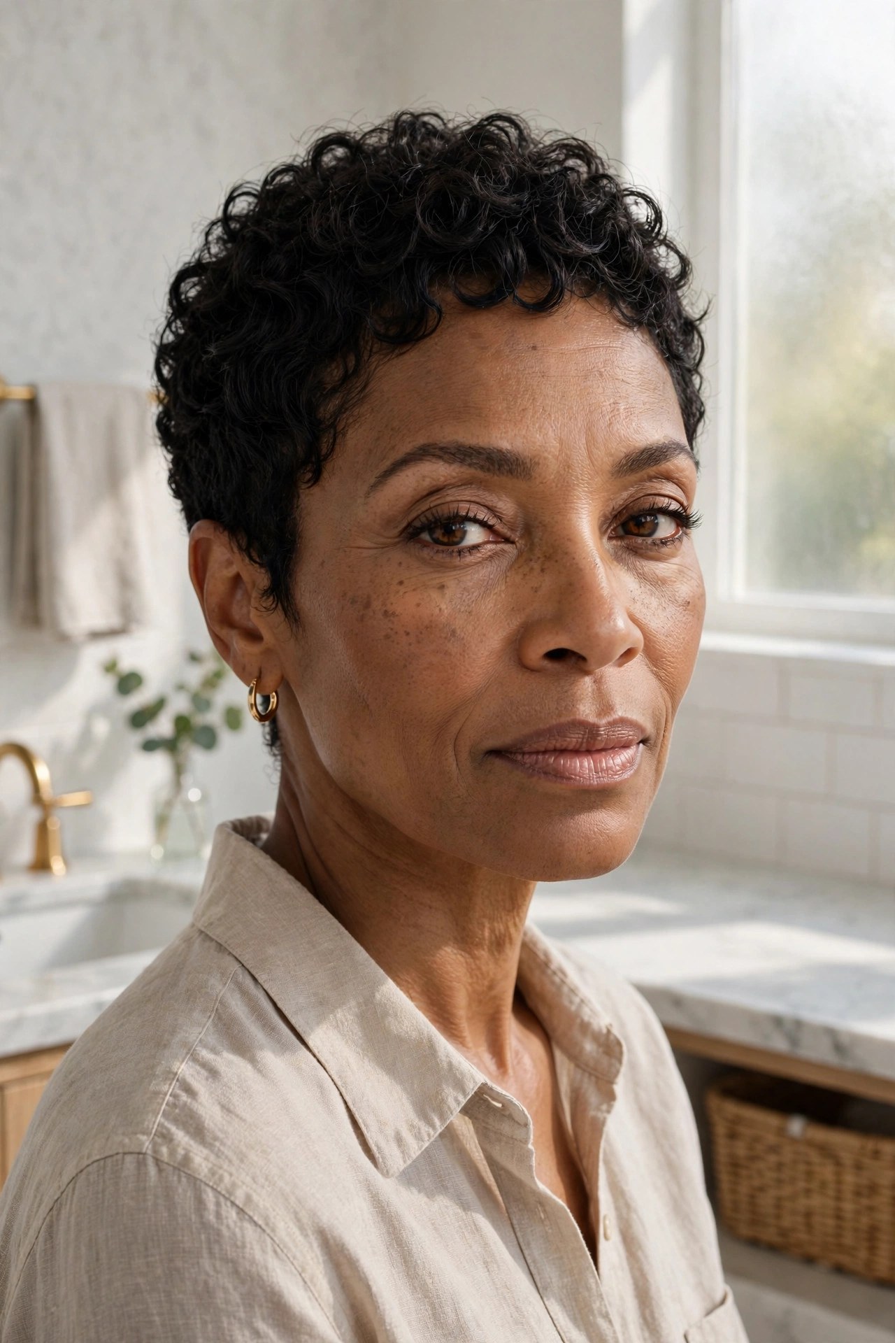 Woman in her 50s with a wash-and-go pixie
