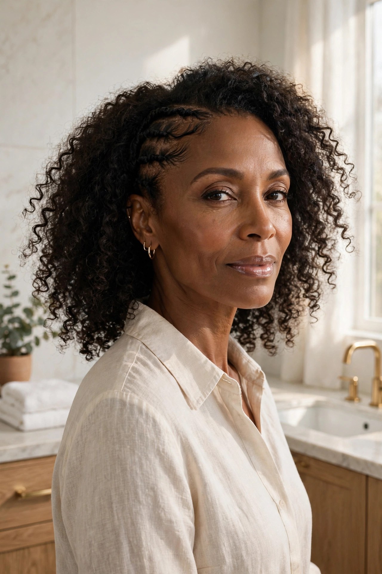 Woman in her 50s with flat-twisted front and wash-and-go back