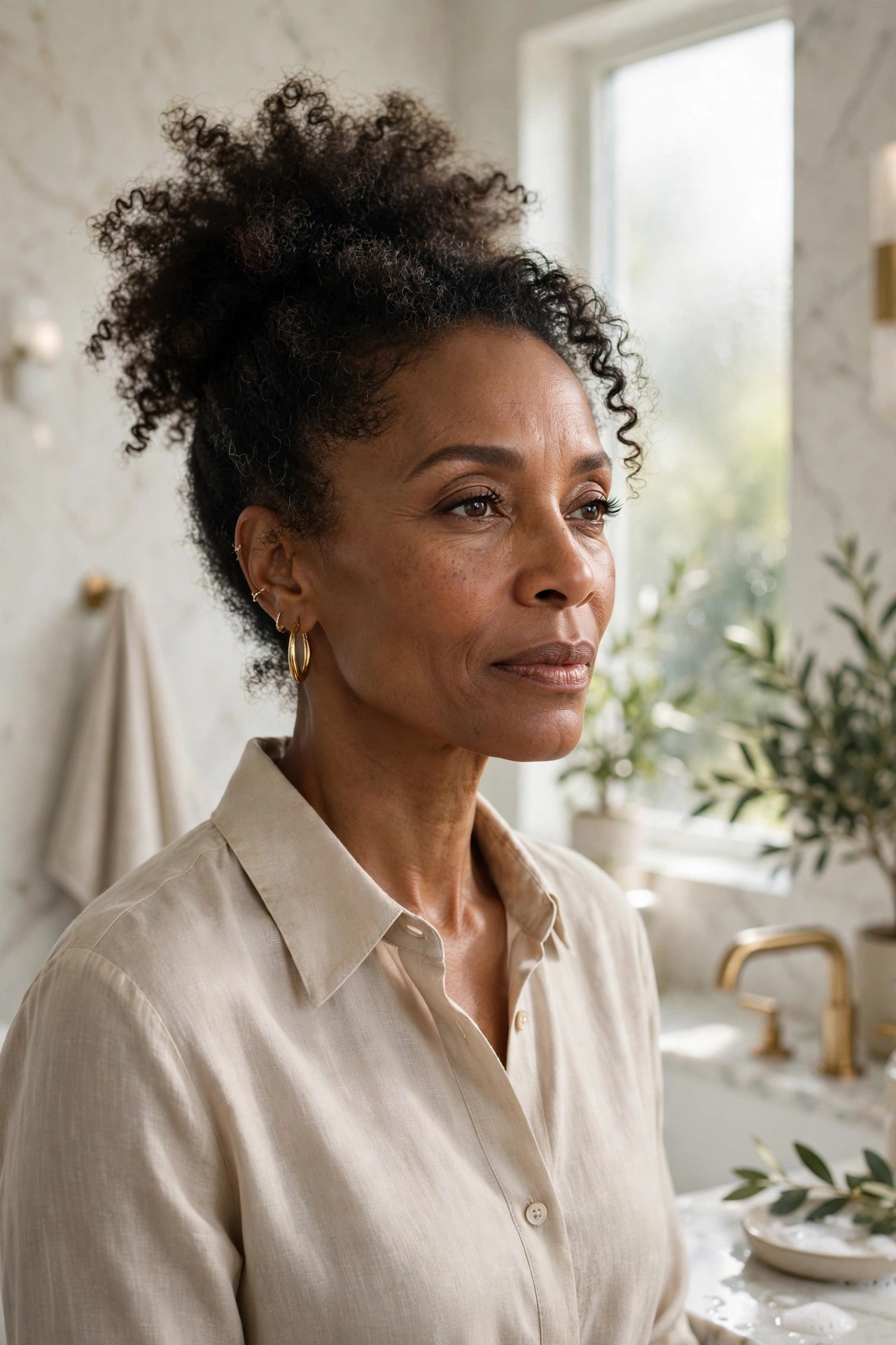 Woman in her 50s with a wash-and-go high puff