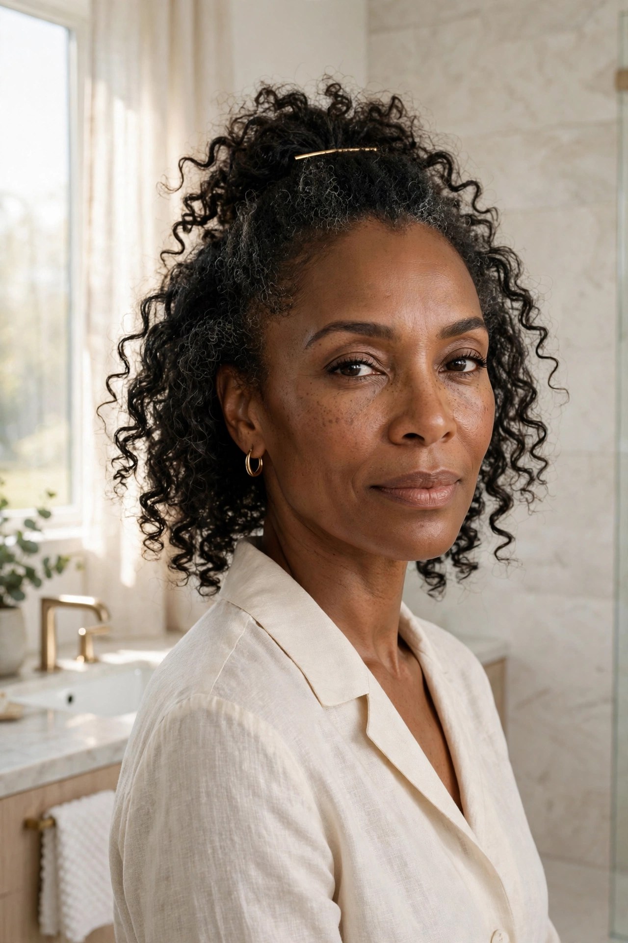 Woman in her 50s with a half-up wash-and-go