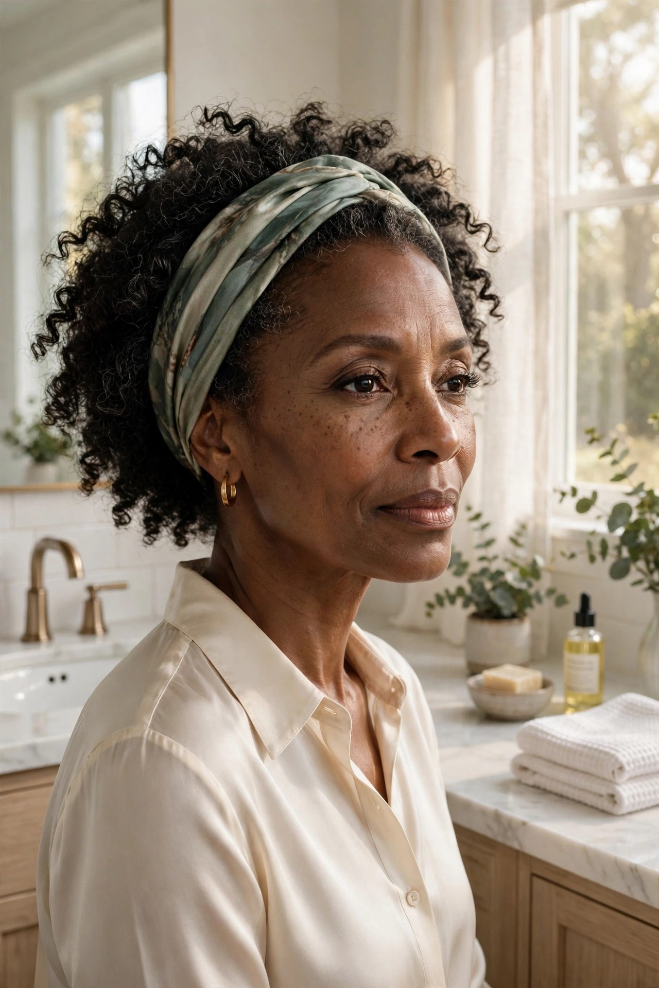 Woman in her 50s with a headband over wash-and-go