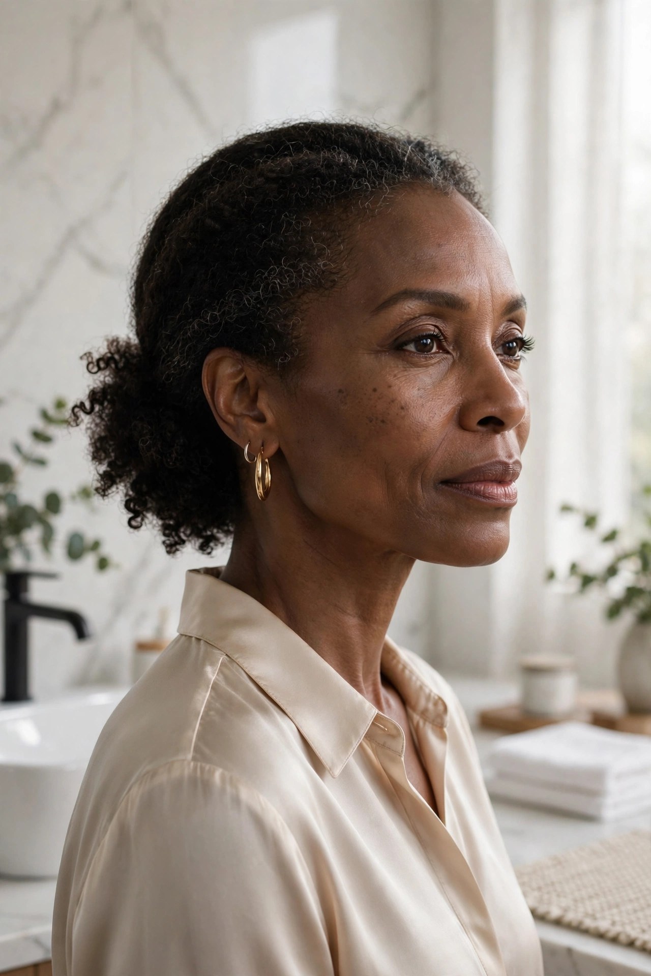 Woman in her 50s with a low wash-and-go puff