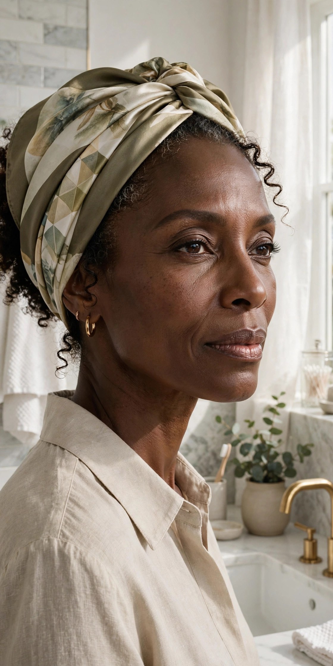 Woman in her 50s with a silk scarf over wash-and-go