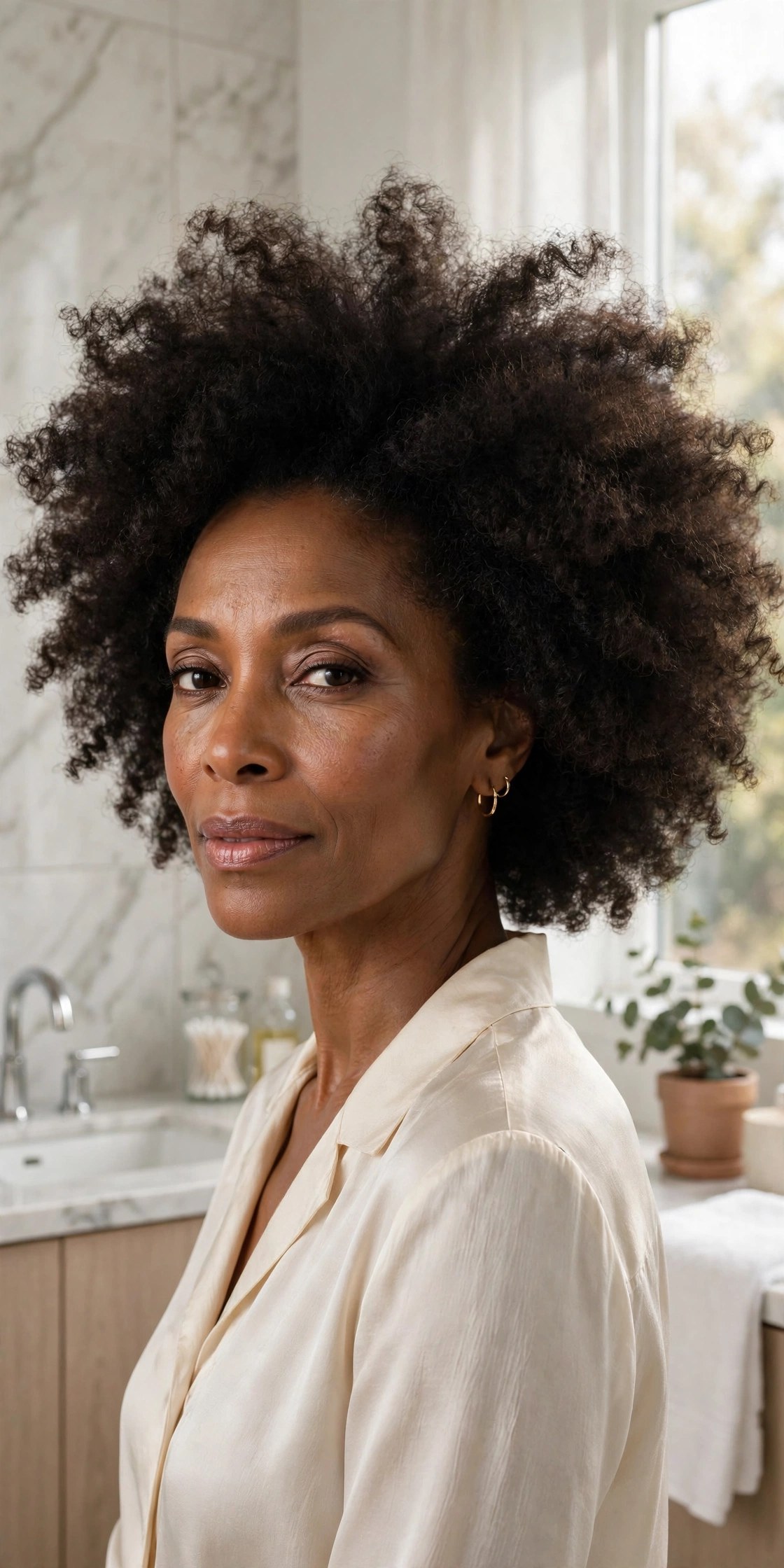 Woman in her 50s with a voluminous wash-and-go