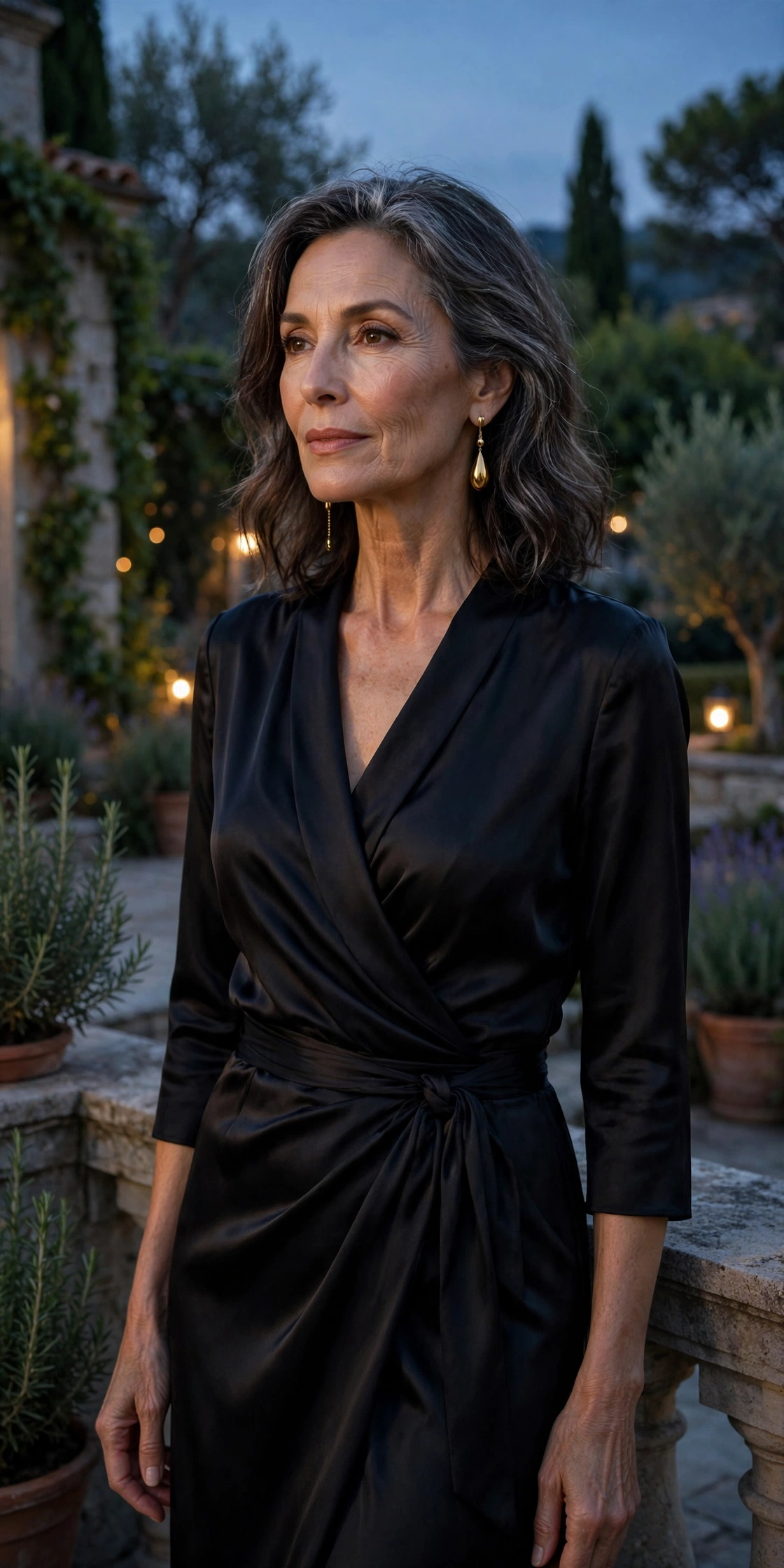 Elegant woman over 50 wearing a jet-black silk wrap dress with gold drop earrings at dusk
