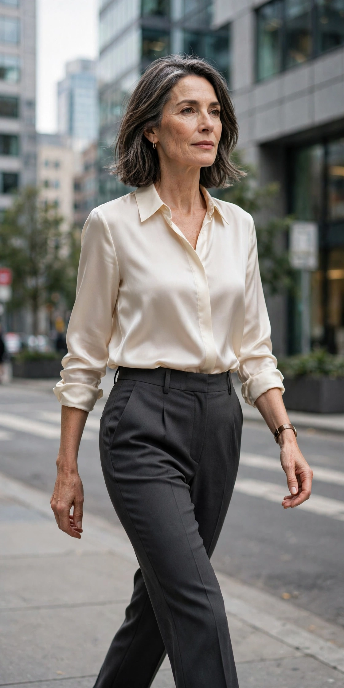 Woman over 50 in cream silk blouse and charcoal tailored trousers walking in the city