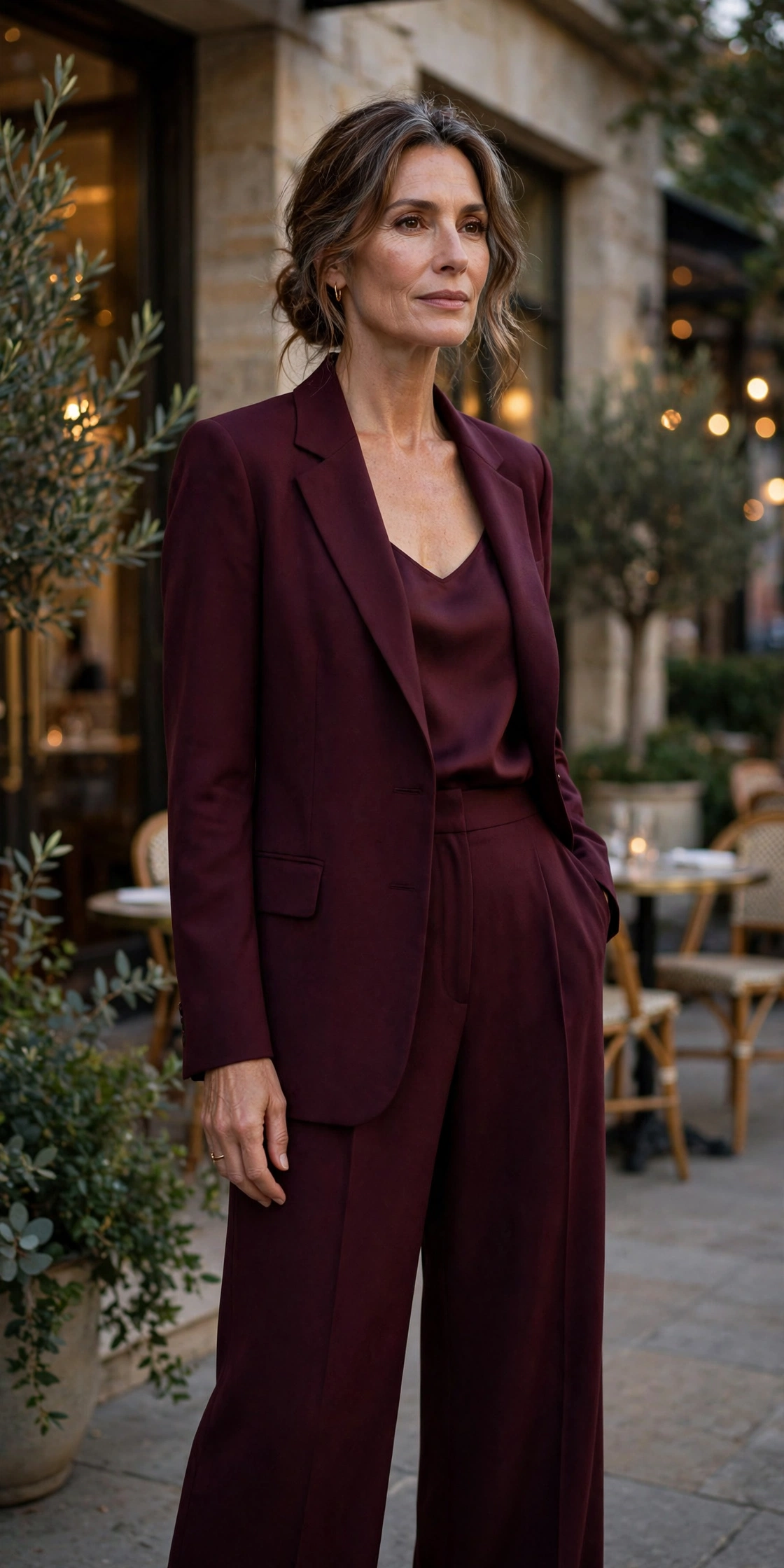 Elegant bordeaux monochrome pantsuit on a woman over 50 outside a restaurant