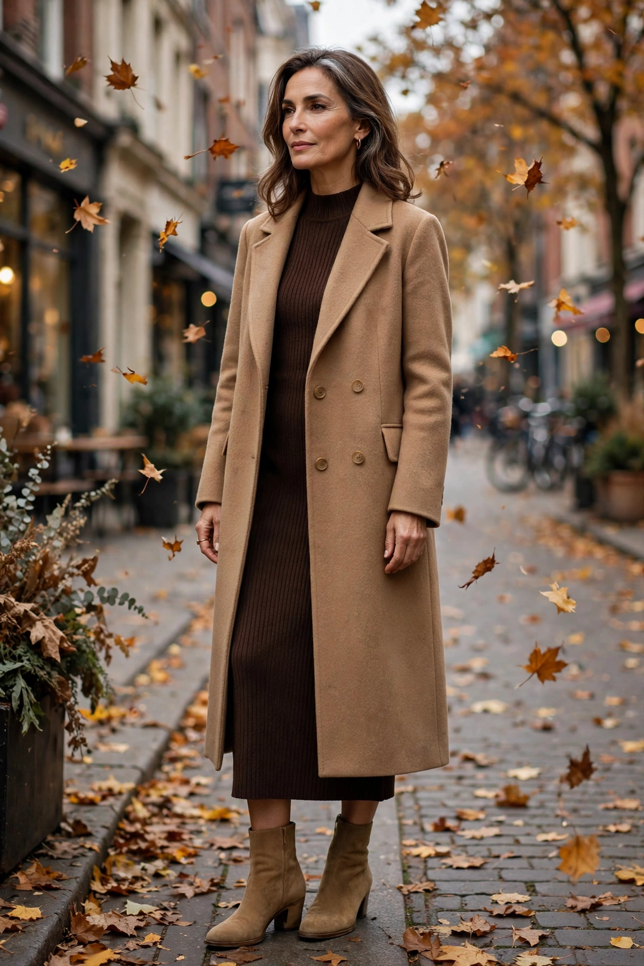 Woman over 50 wearing a camel wool coat over an espresso knit midi dress on an autumn street
