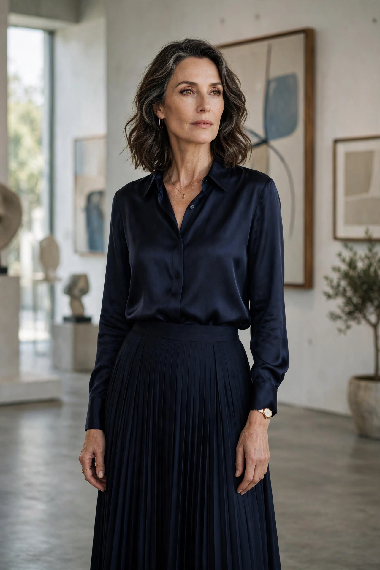 Midnight navy pleated midi skirt with matching satin shirt worn by a woman over 50