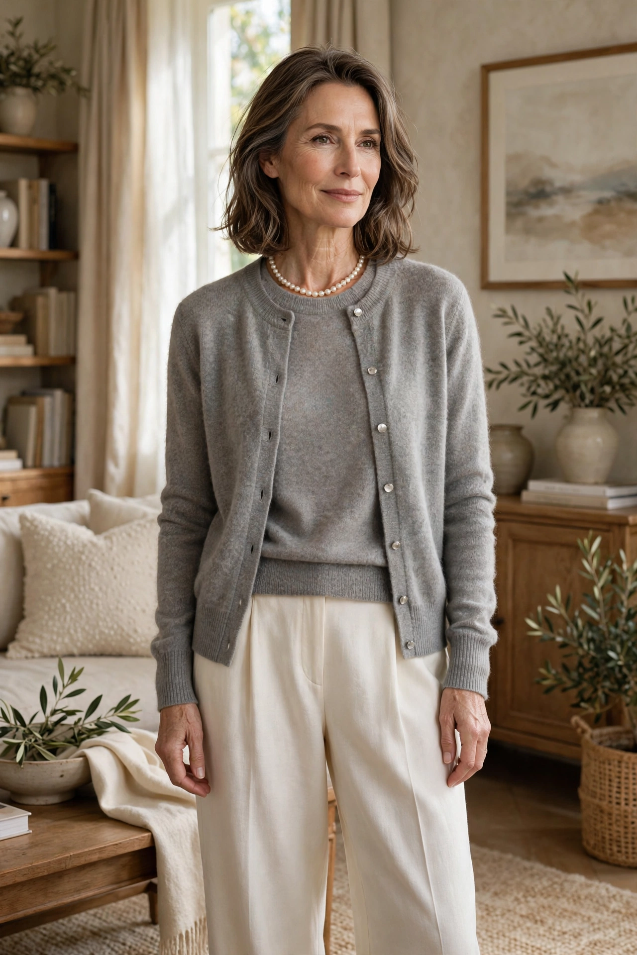 Grey cashmere twinset with pearl necklace and cream trousers on a woman over 50