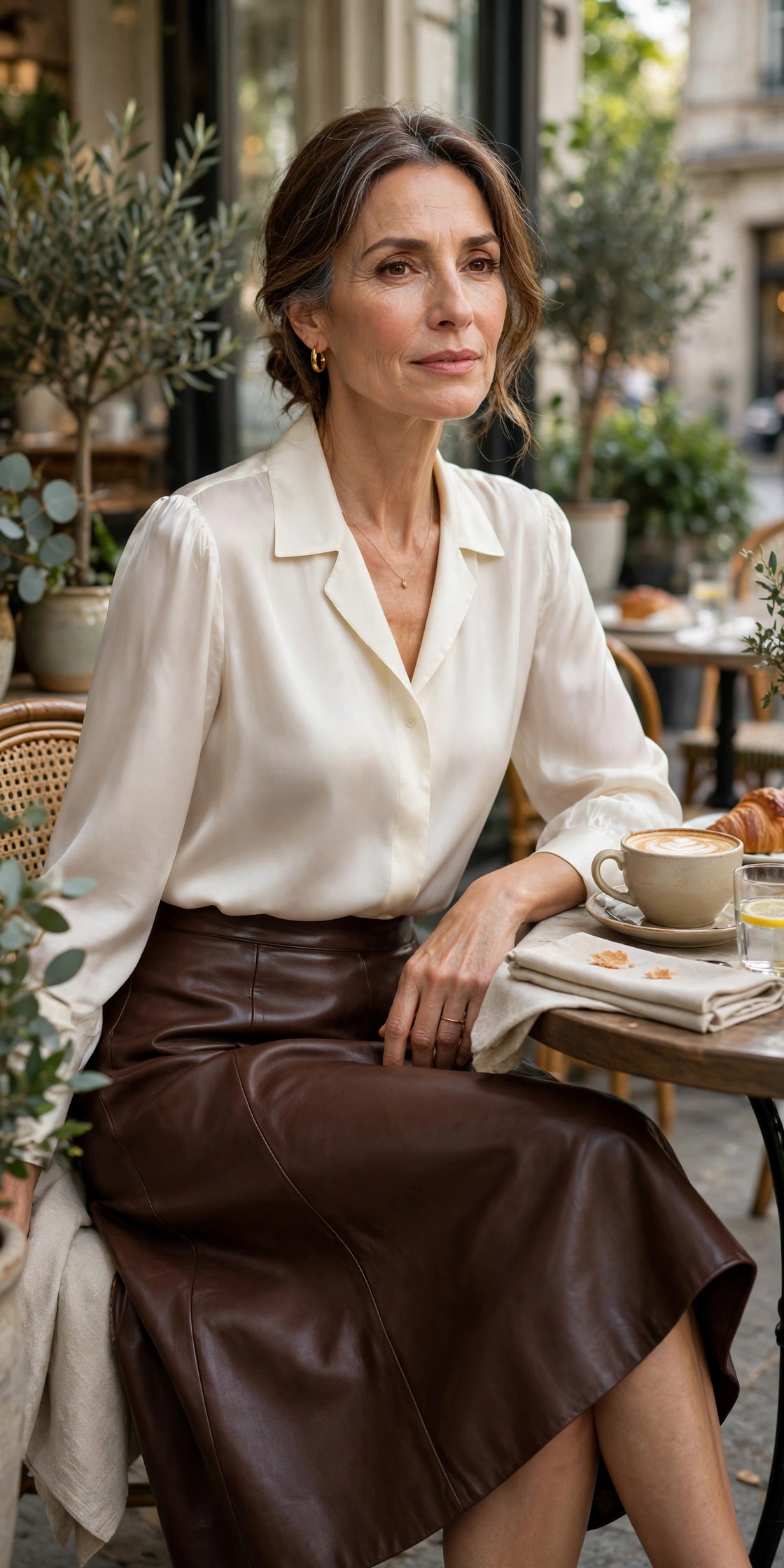 Chocolate brown leather midi skirt with ivory silk blouse on a woman over 50 at a café