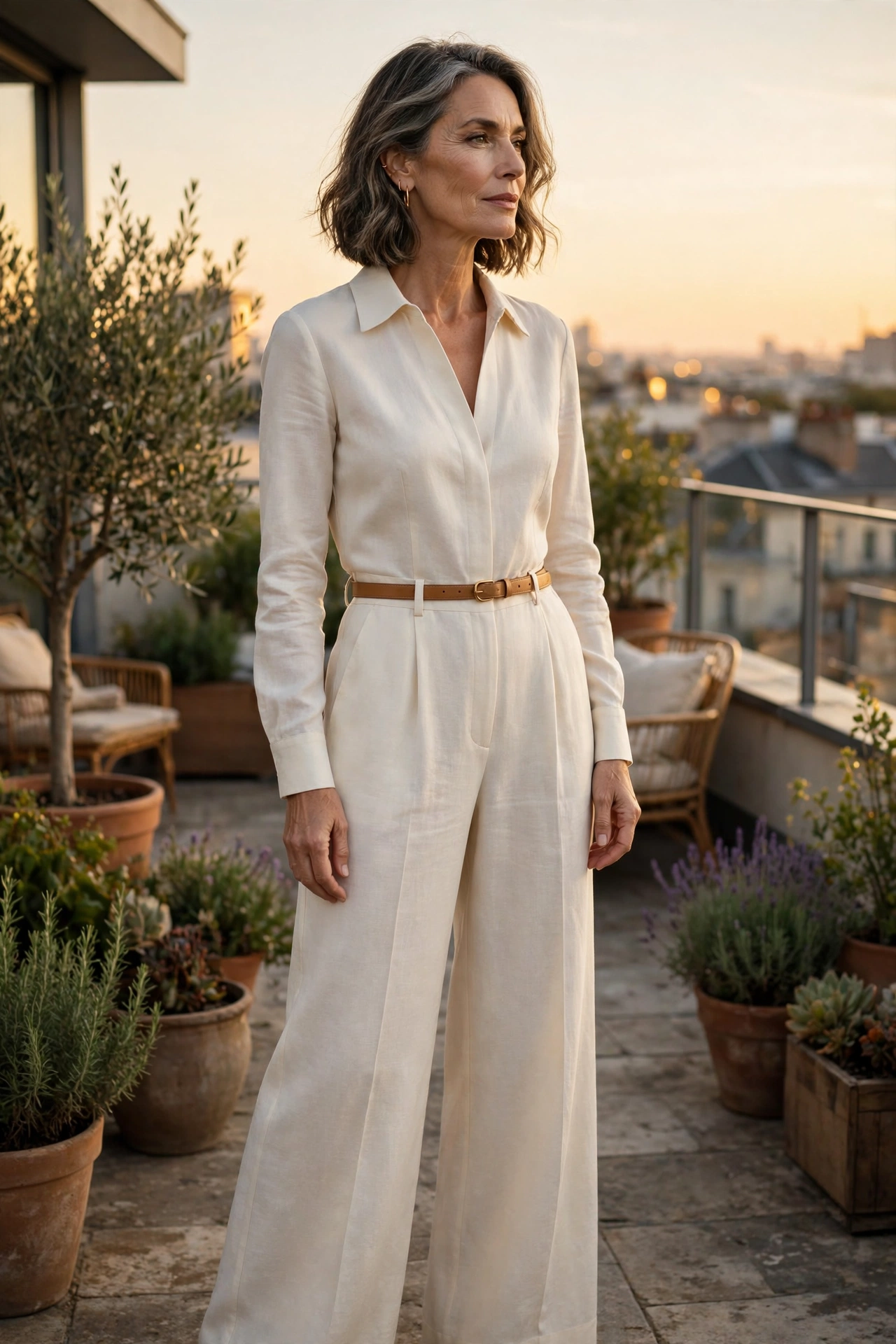 Ivory wide-leg column jumpsuit with tan belt on an elegant woman over 50